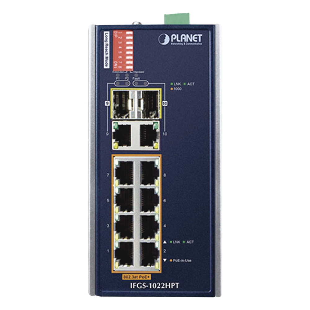 Switch Industrial PoE no administrable de 8 Puertos 10/100TX 802.3at, Hasta 240 W, Combo TP / SFP Gigabit TP / SFP (-40 ~ 75 grados C)