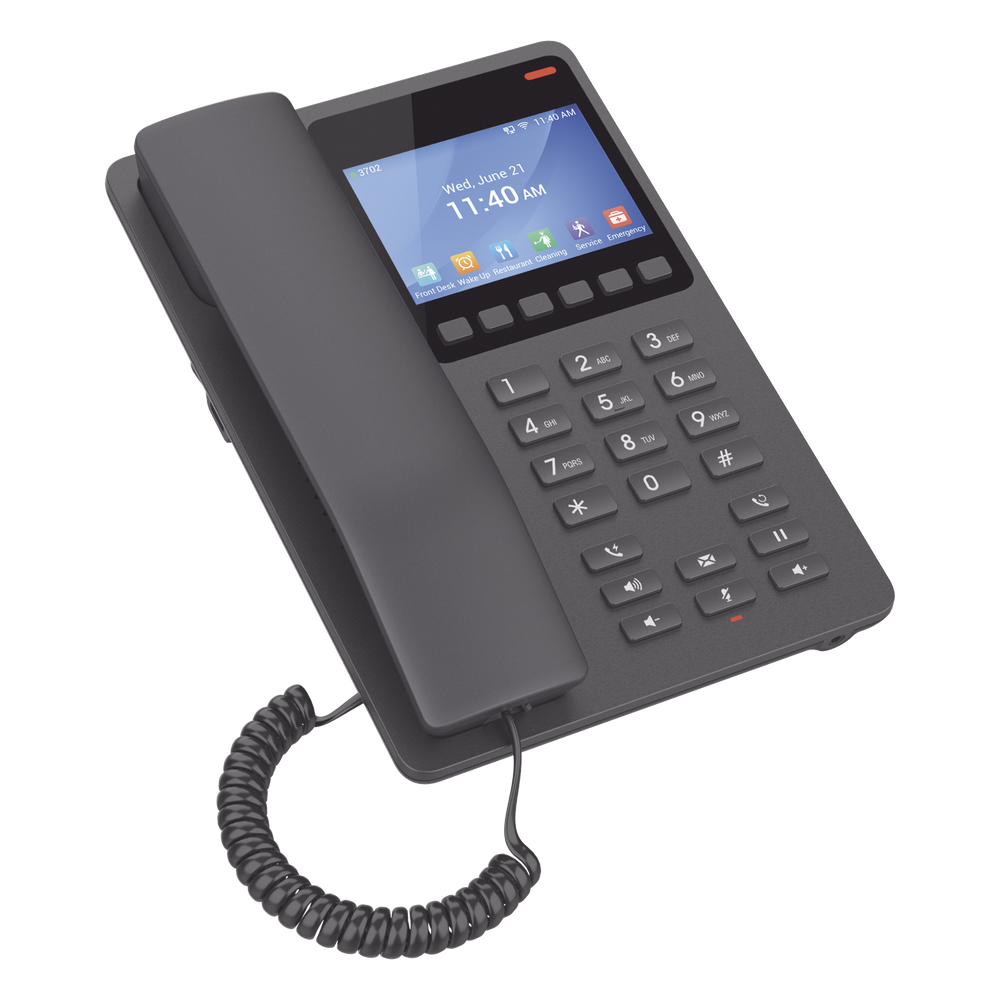 Teléfono IP Hotelero con pantalla LCD a color, 2 líneas SIP con 2 cuentas, codec Opus, IPV4/IPV6, color negro, con gestión en la nube GDMS