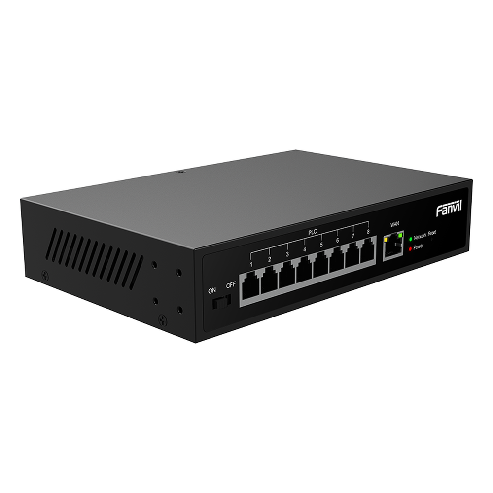 Switch PoE de 2 Hilos 8 Puertos RJ11 / Uso Exclusivo con Fanvil X303-2W / Transmisión hasta 300 m (984.3 ft) / Entrada 100V~240V / Salida Máx 80W / Reutiliza Cableado PSTN y AWG