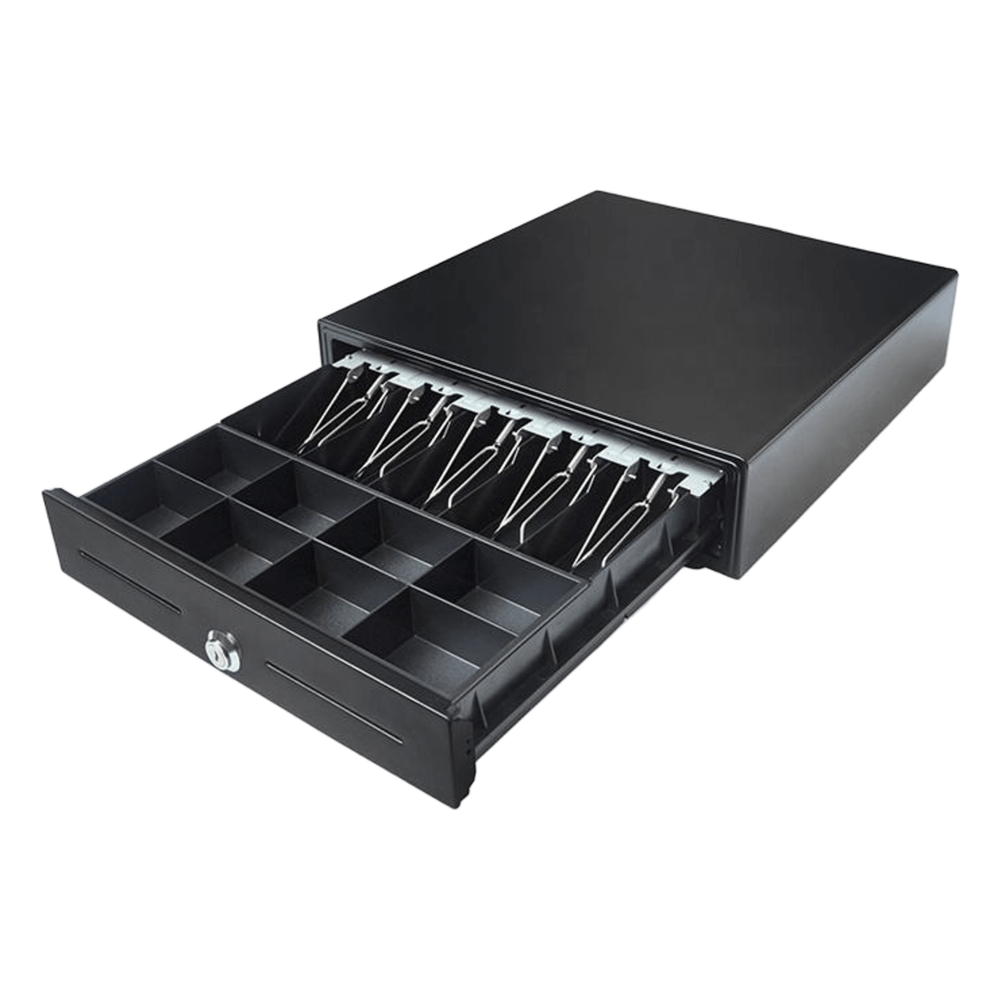 Cajón para Efectivo / Serie EK / Electrónico RJ11 / 5 Billetes + 8 Monedas / Gripper Metálico / Base para ECR / 410 mm