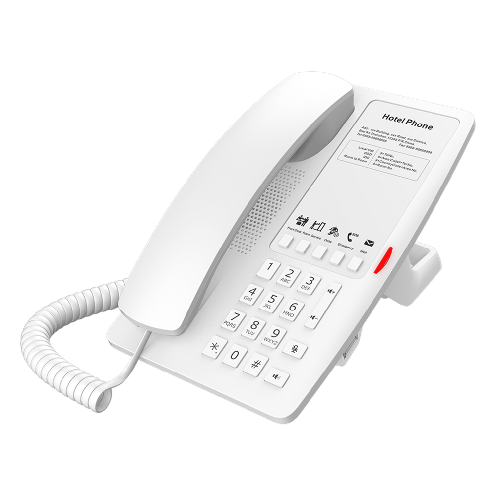 Teléfono IP Hotelero / 2 Líneas SIP / 5 Teclas Programables / Puerto USB-A de Carga / PoE 802.3af / Diseño Blanco / Audio HD Manos Libres