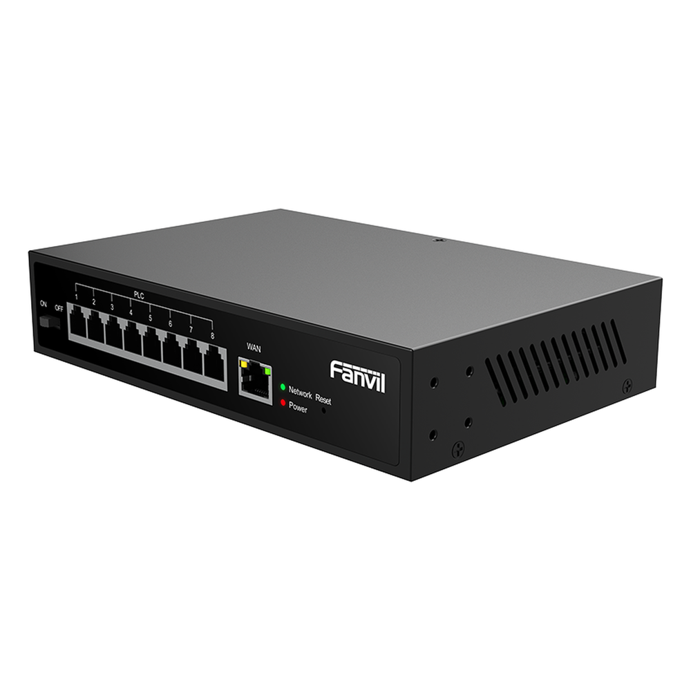 Switch PoE de 2 Hilos 8 Puertos RJ11 / Uso Exclusivo con Fanvil X303-2W / Transmisión hasta 300 m (984.3 ft) / Entrada 100V~240V / Salida Máx 80W / Reutiliza Cableado PSTN y AWG
