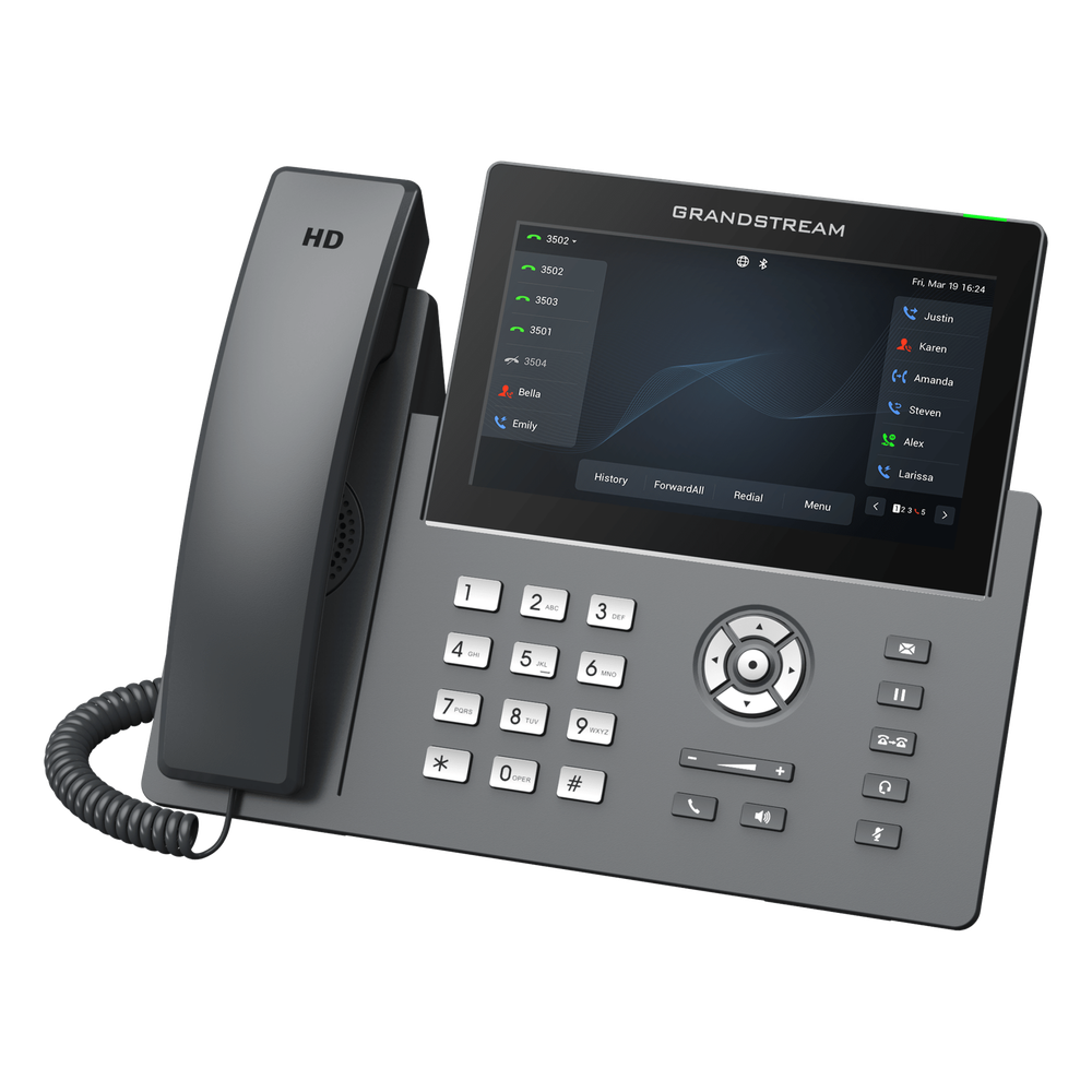 Teléfono IP Wi-Fi, Grado Operador, 12 líneas SIP con 6 cuentas, pantalla táctil 7", puertos Gigabit, Bluetooth, PoE, codec Opus, IPV4/IPV6 con gestión en la nube GDMS