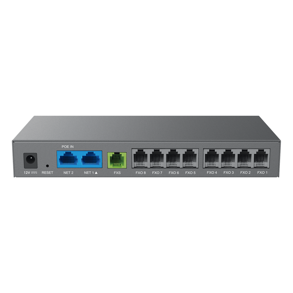 Gateway Analógico 8 FXO (Conectar Lineas Analógicas) / 3 Perfiles SIP / 1 Puerto FXS / NAT de Alto Rendimiento / Soporte Lifeline / Fax T.38 / Cifrado AES / Failover SIP / Conferencia de Voz 3 Vías