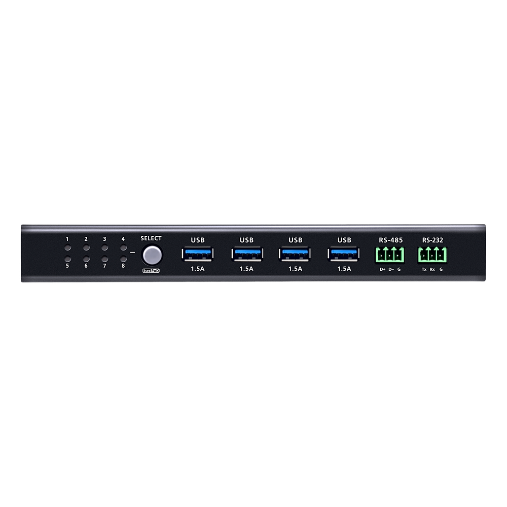 Conmutador de Uso Compartido USB 3.2 Gen 1 Industrial | 8 Puertos para Computadoras | 4 Puertos para Dispositivos | 5 Gbps | Selección por Botón, RS-232/485 o Remoto | Power on Detection | Carcasa de Metal | Montaje en Pared