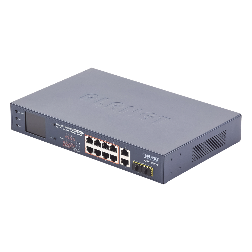 Switch No Administrable 8 Puertos Gigabit con Modo Extender a 250 m, 2 Puertos Uplink 10/100/1000 Mbps, 2 Puertos SFP