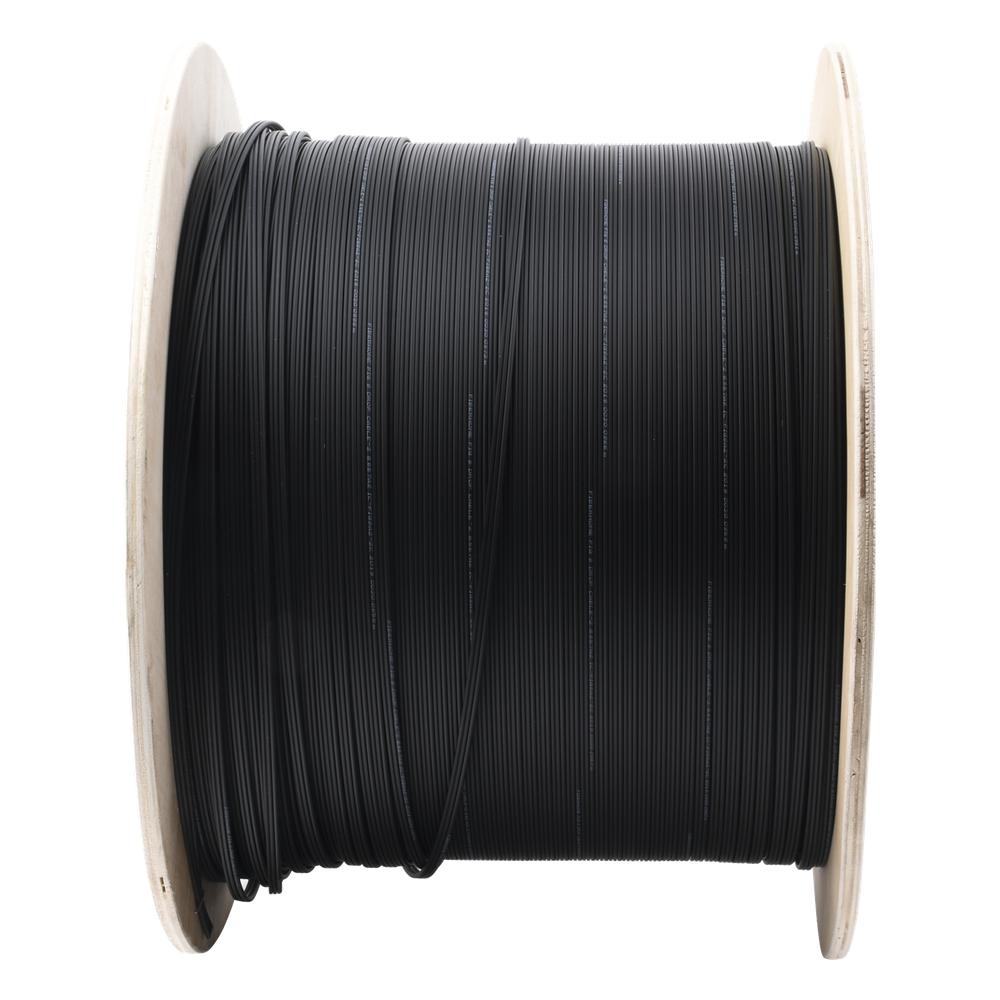 Carrete de 1 km de Fibra Óptica Aérea Mini Figura 8 G.657A2 Tipo Drop, Monomodo de 2 Hilos (Bifibra), Diseñada para Fusionarse, Color Negro, Span 80, (No Soporta Conectores Mecánicos)