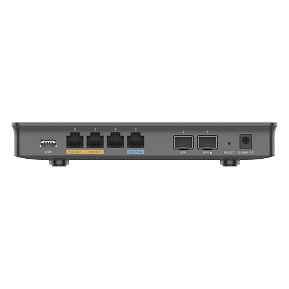 Router Gigabit VPN / Balanceador de cargas / 30,000 sesiones NAT / 4 puertos 10/100/1000 Mbps + 2 puertos SFP (WAN/LAN) / 1 puerto entrada PoE(af/at) / 2 puertos salida PoE (af/at) / Compatible con GWN Cloud.
