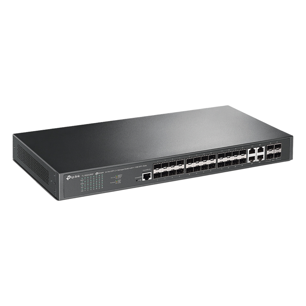 Switch de Fibra Óptica L2+ Omada / 24 puertos SFP 1GE / 4 Puertos Combinados SFP+/RJ45 Gigabit / 2 Puertos Consola RJ45|micro-SUB / Administración Centralizada Omada o Stand-Alone / Compatile con IPv6 / Multicast IGMP