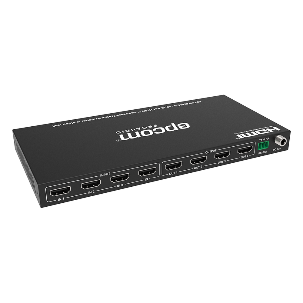 Matriz de Video HDMI 4x4 | Ancho de Banda 10.2 Gbps | Resolución 4K@30Hz | Escalado a 1080P, 720P, 1920x1200, 4K30 | Modos Matriz y Video Wall | Control RS-232 y Remoto Infrared