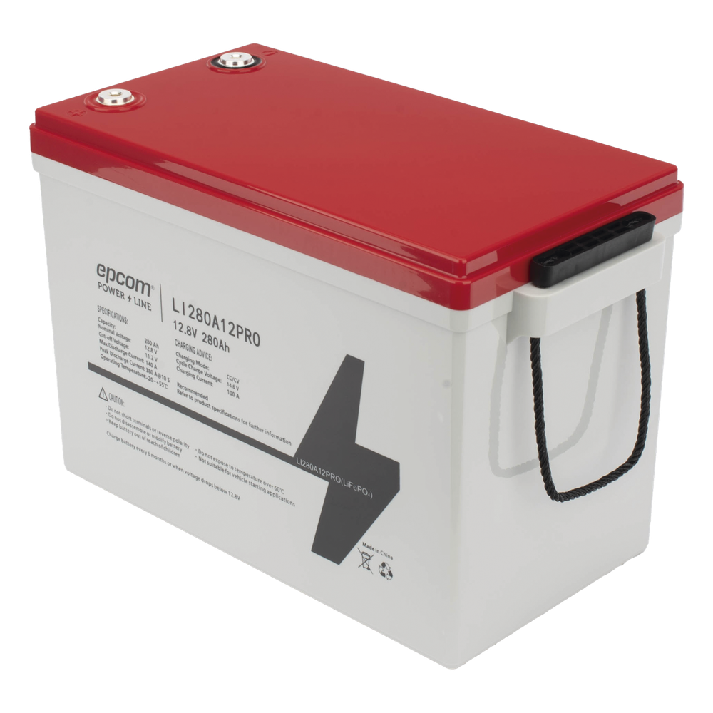 Batería de Litio LiFePO4 Ciclo Profundo / 12.8 Vcc / 280 Ah / 3.58 kWh / 6000 Ciclos / Descarga 140 A / Carga 100 A / BMS con Corte a 11.2 Vcc / Solar y Marina
