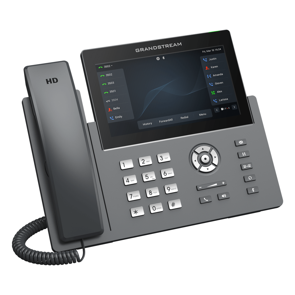 Teléfono IP Wi-Fi, Grado Operador, 12 líneas SIP con 6 cuentas, pantalla táctil 7", puertos Gigabit, Bluetooth, PoE, codec Opus, IPV4/IPV6 con gestión en la nube GDMS