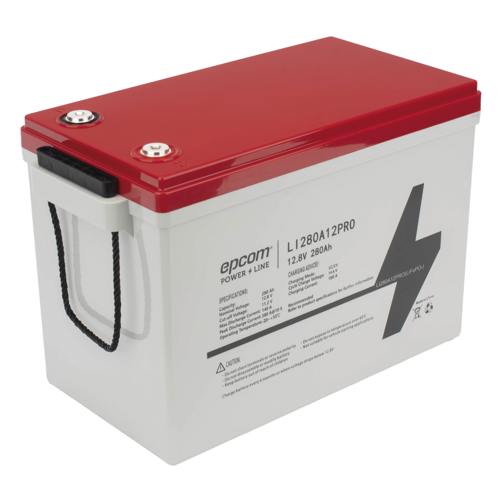 Batería de Litio LiFePO4 Ciclo Profundo / 12.8 Vcc / 280 Ah / 3.58 kWh / 6000 Ciclos / Descarga 140 A / Carga 100 A / BMS con Corte a 11.2 Vcc / Solar y Marina