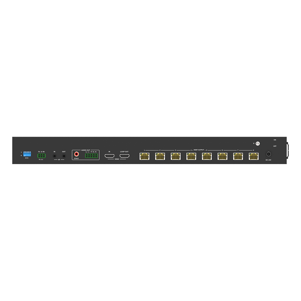 Splitter mas Extensor de Video | 1x8 | ProAV | HDBaseT™ | 120m en 4K@60Hz | 150m en 1080p@60Hz | Cat6/6a/7 | Gestión Avanzada EDID | Control IR y RS232 | PoC | Salida de Audio