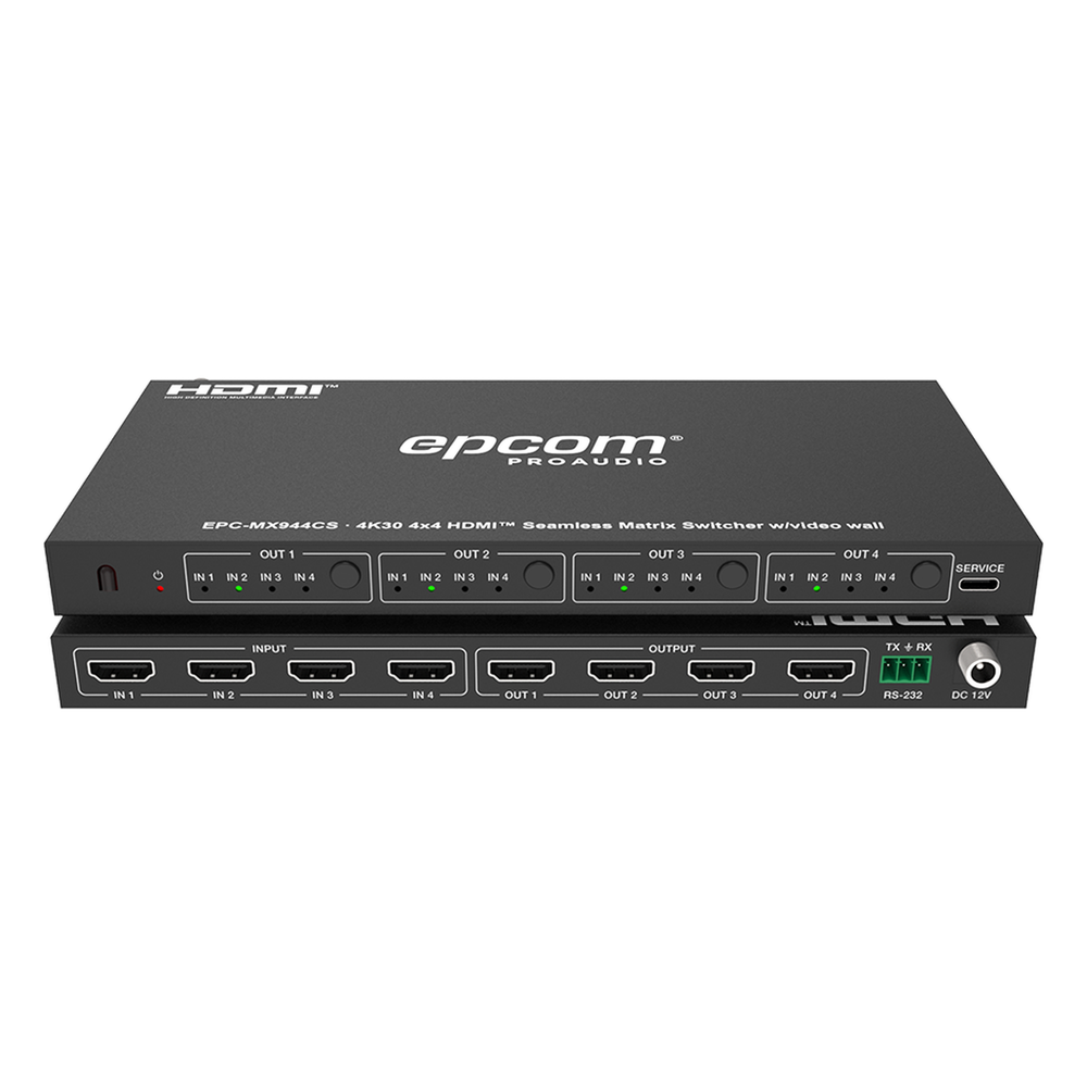 Matriz de Video HDMI 4x4 | Ancho de Banda 10.2 Gbps | Resolución 4K@30Hz | Escalado a 1080P, 720P, 1920x1200, 4K30 | Modos Matriz y Video Wall | Control RS-232 y Remoto Infrared