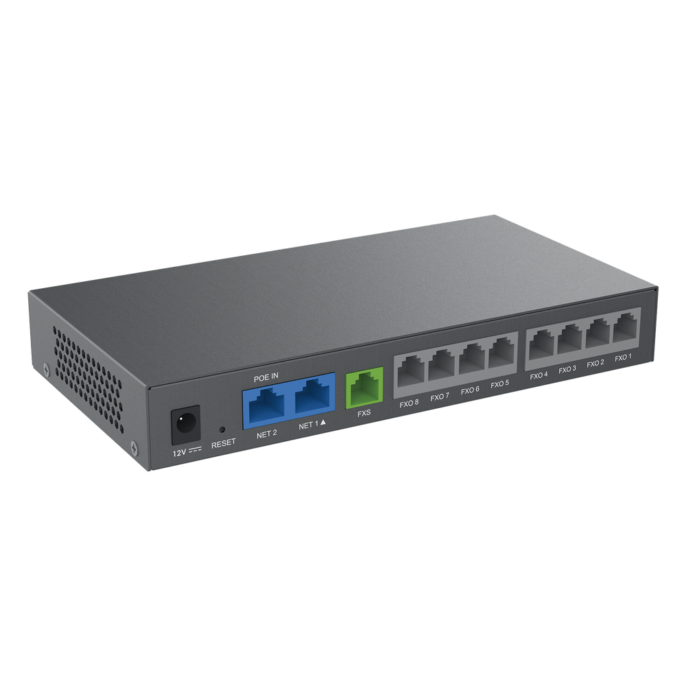 Gateway Analógico 8 FXO (Conectar Lineas Analógicas) / 3 Perfiles SIP / 1 Puerto FXS / NAT de Alto Rendimiento / Soporte Lifeline / Fax T.38 / Cifrado AES / Failover SIP / Conferencia de Voz 3 Vías