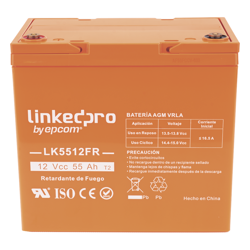 Batería de respaldo 12 V | 55 Ah | AGM | Certificada UL94-V0 Retardante a la Flama | Especial para Seguridad Electrónica | UPS | Sistemas de emergencia | Vida útil 5 años | Terminales T2