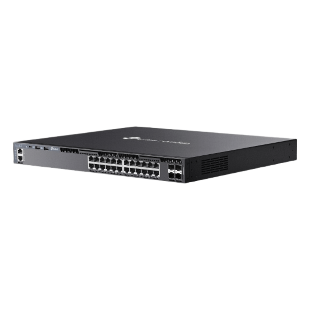 Switch Gestionable L3 Stackable / 24 Puertos Gigabit + 4 Slots 10G SFP+ / Capacidad de Conmutación 128 Gbps / Stack Físico hasta 8 Unidades / L3 RIP OSPF VRRP PIM / Gestión Cloud Omada SDN