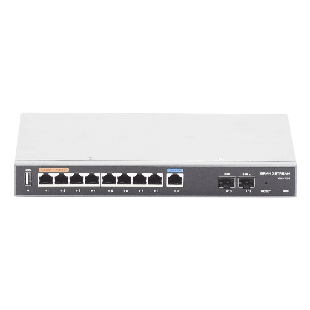 Router Gigabit VPN / Balanceador de cargas / 60,000 sesiones NAT / 9 puertos 10/100/1000 Mbps + 2 puertos SFP (WAN/LAN) / 1 puerto entrada PoE(af/at) / 2 puertos salida PoE (af/at) / Compatible con GWN Cloud.