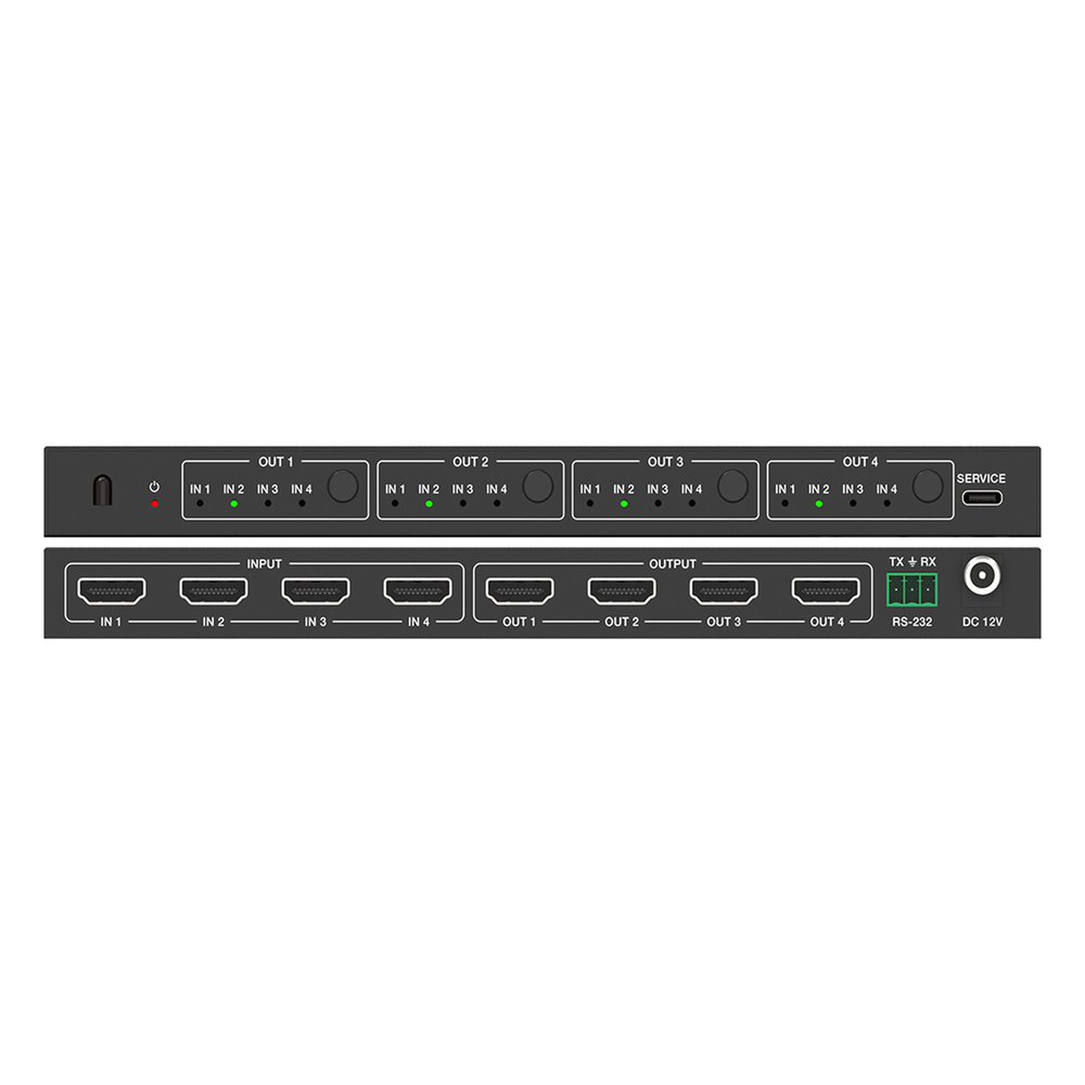 Matriz de Video HDMI 4x4 | Ancho de Banda 10.2 Gbps | Resolución 4K@30Hz | Escalado a 1080P, 720P, 1920x1200, 4K30 | Modos Matriz y Video Wall | Control RS-232 y Remoto Infrared
