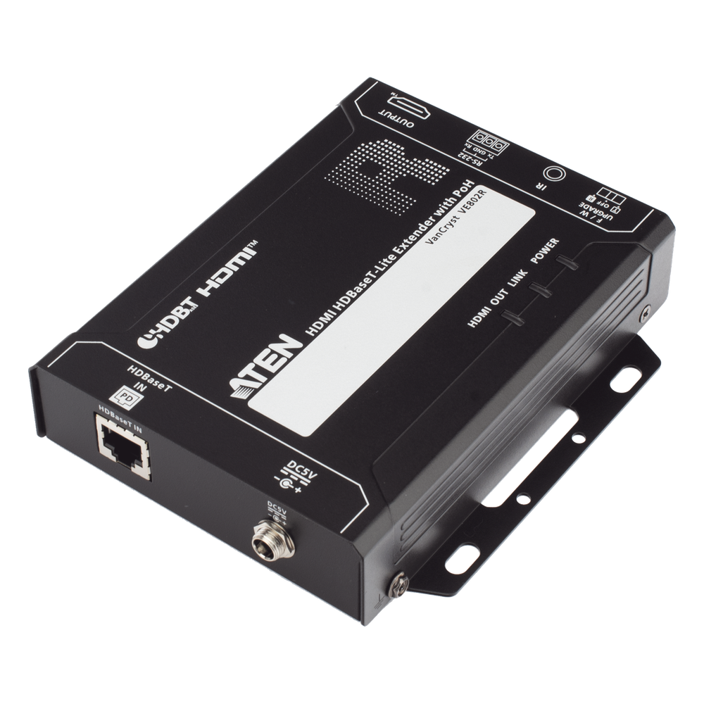Receptor HDMI HDBaseT-Lite con PoH | 4K a 35 m (Cat 5e/6) / 40 m (Cat 6a/ATEN 2L-2910 Cat6); 1080p a 60 m (Cat 5e/6) / 70 m (Cat 6a/ATEN 2L-2910 Cat6) | HDBaseT Clase B | PoH PD |