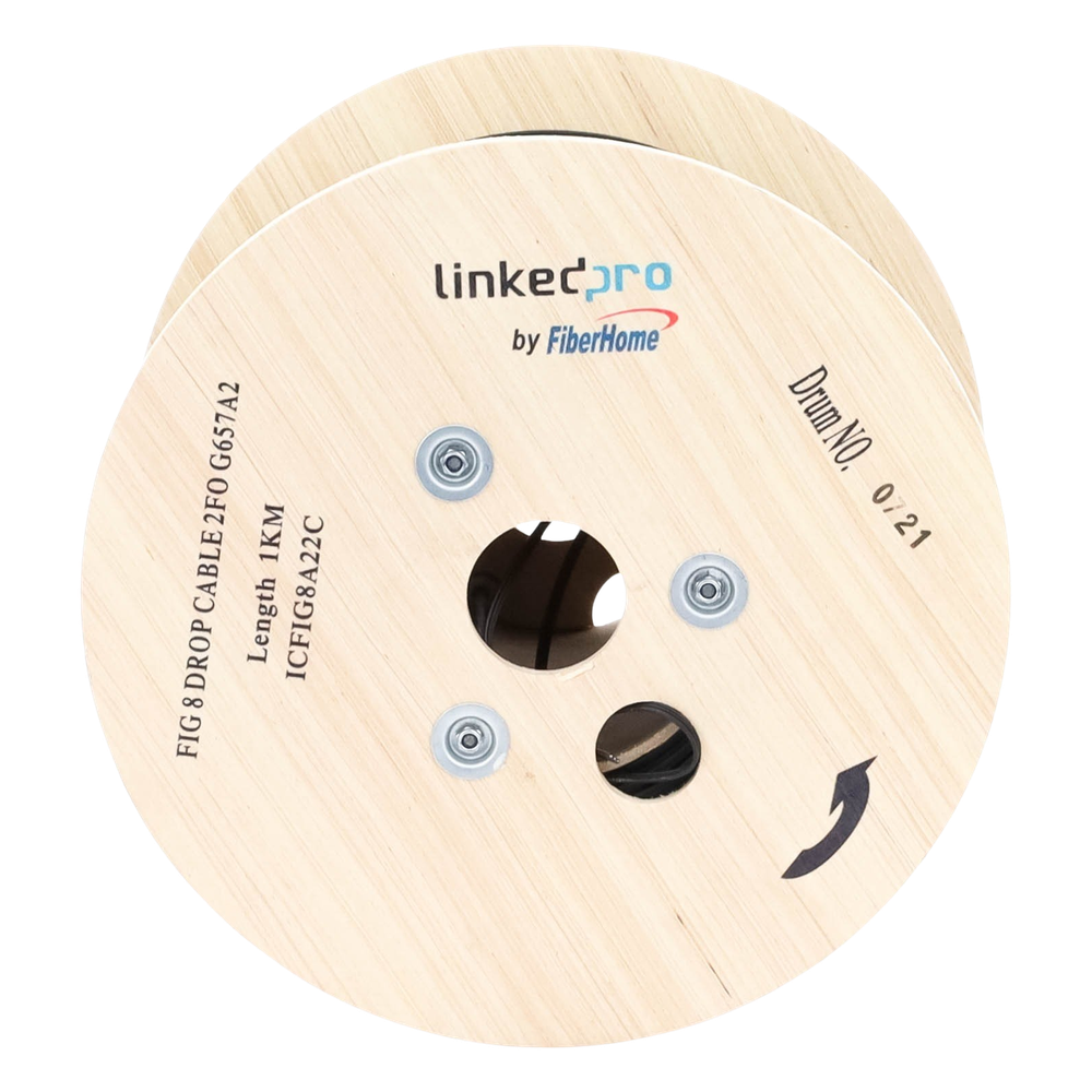 Carrete de 1 km de Fibra Óptica Aérea Mini Figura 8 G.657A2 Tipo Drop, Monomodo de 2 Hilos (Bifibra), Diseñada para Fusionarse, Color Negro, Span 80, (No Soporta Conectores Mecánicos)