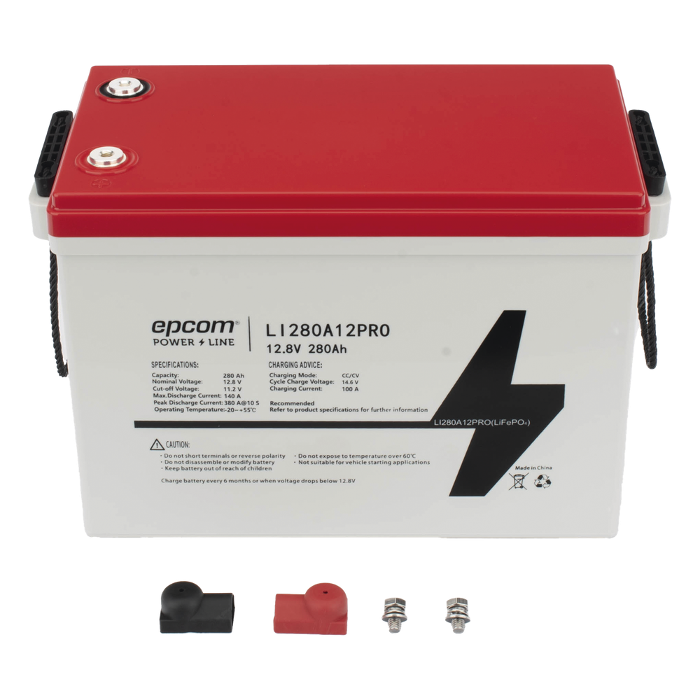 Batería de Litio LiFePO4 Ciclo Profundo / 12.8 Vcc / 280 Ah / 3.58 kWh / 6000 Ciclos / Descarga 140 A / Carga 100 A / BMS con Corte a 11.2 Vcc / Solar y Marina