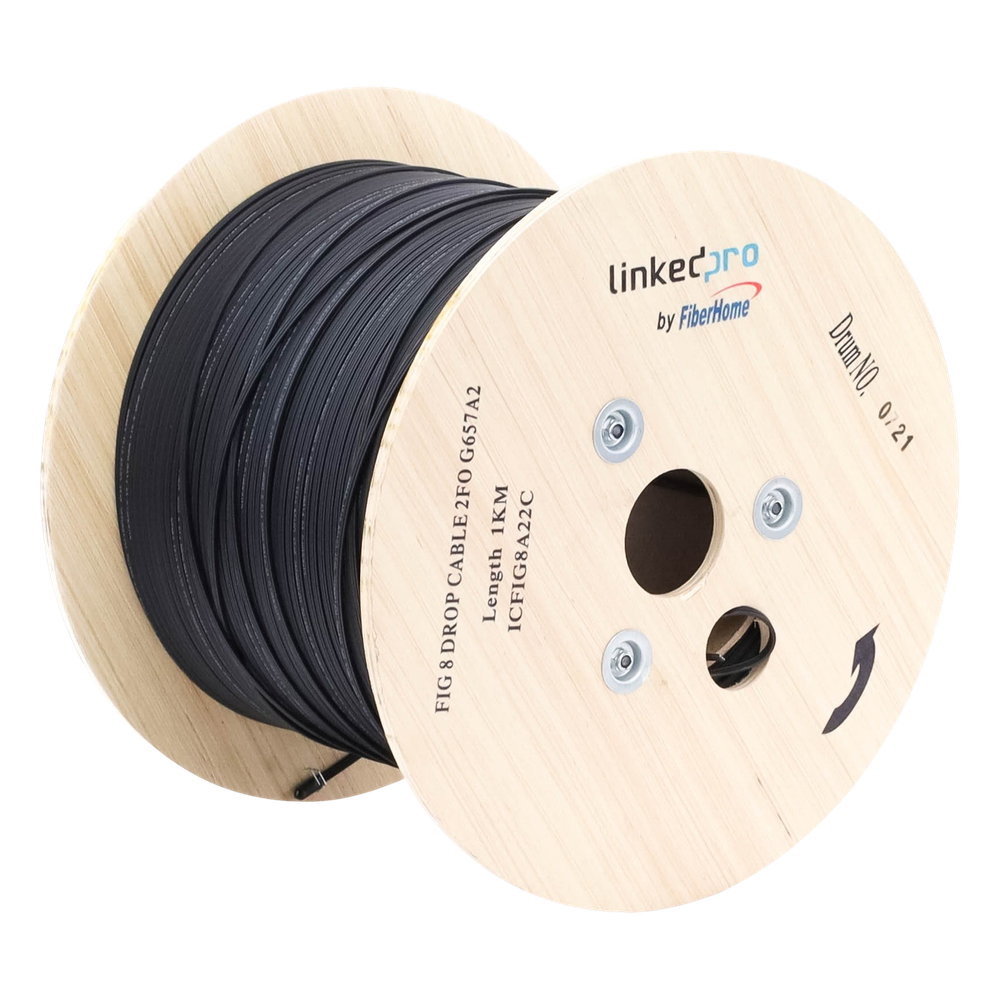 Carrete de 1 km de Fibra Óptica Aérea Mini Figura 8 G.657A2 Tipo Drop, Monomodo de 2 Hilos (Bifibra), Diseñada para Fusionarse, Color Negro, Span 80, (No Soporta Conectores Mecánicos)