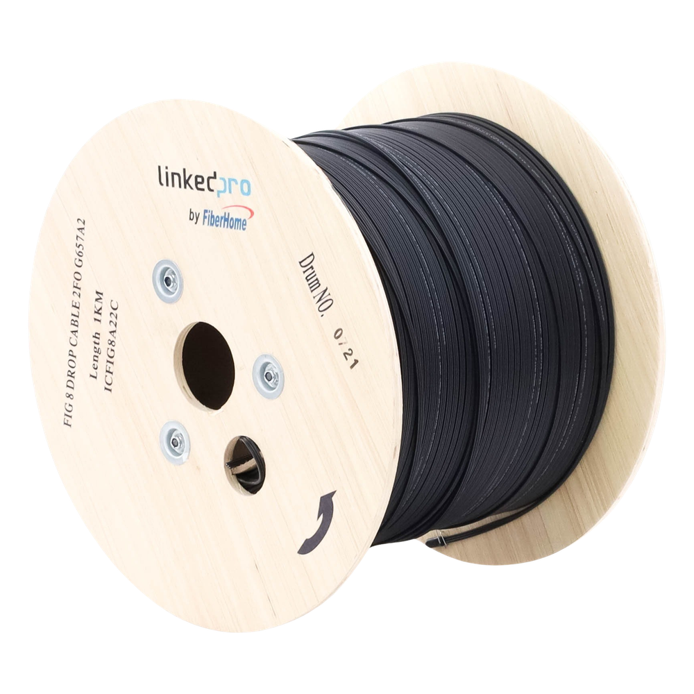 Carrete de 1 km de Fibra Óptica Aérea Mini Figura 8 G.657A2 Tipo Drop, Monomodo de 2 Hilos (Bifibra), Diseñada para Fusionarse, Color Negro, Span 80, (No Soporta Conectores Mecánicos)