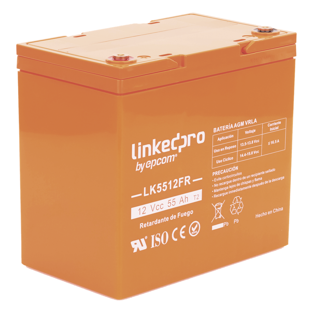 Batería de respaldo 12 V | 55 Ah | AGM | Certificada UL94-V0 Retardante a la Flama | Especial para Seguridad Electrónica | UPS | Sistemas de emergencia | Vida útil 5 años | Terminales T2