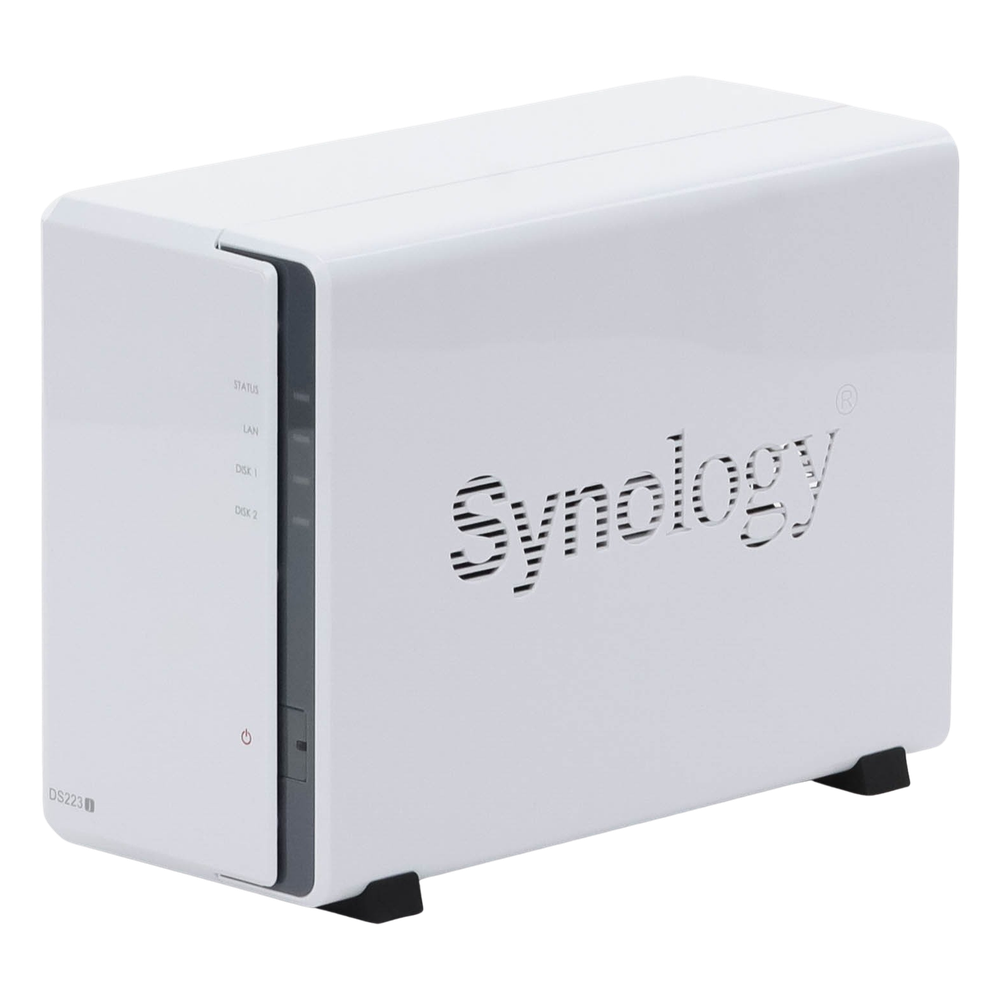 NAS DiskStation DS223j | 2 Bahías | CPU Realtek RTD1619B 1.7 GHz | 1 GB DDR4 | Puerto 1GbE RJ-45 | USB 3.2 Gen 1 | Compatible con HDD y SSD | Synology DSM | RAID 0, 1, JBOD | SMB, AFP, NFS, FTP | Vigilancia IP