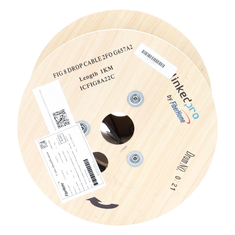 Carrete de 1 km de Fibra Óptica Aérea Mini Figura 8 G.657A2 Tipo Drop, Monomodo de 2 Hilos (Bifibra), Diseñada para Fusionarse, Color Negro, Span 80, (No Soporta Conectores Mecánicos)
