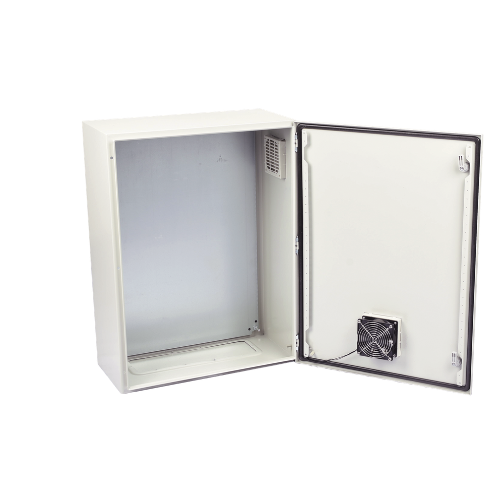 Gabinete Ventilado de Acero IP55 Uso en Exterior (400 x 600 x 250 mm) con Placa Trasera Interior Metálica y Compuerta Inferior Atornillable. Incluye Ventilador, Ventilas, filtros, Chapas y Llave T.