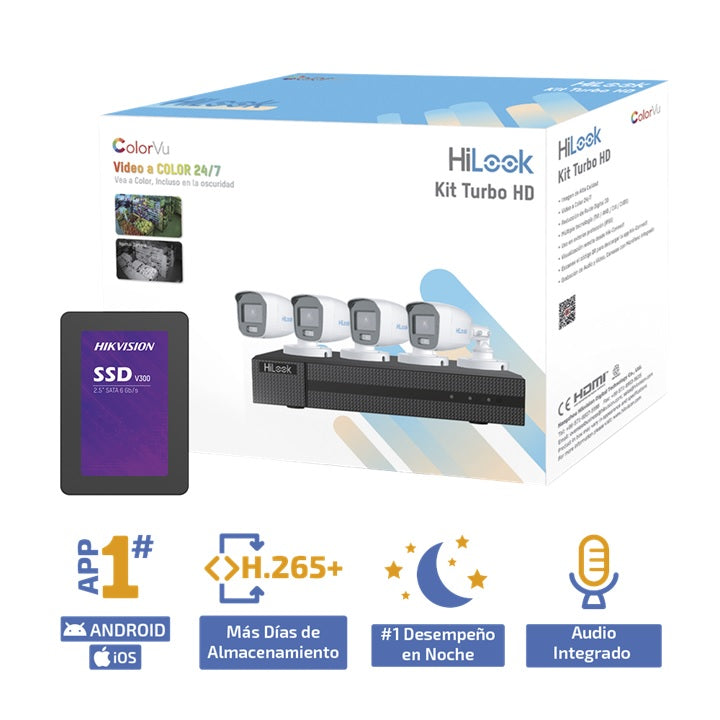 Kit TurboHD 1080p + SSD 1 TB / DVR 4 Canales / 4 Cámaras Bala ColorVu con Micrófono Integrado