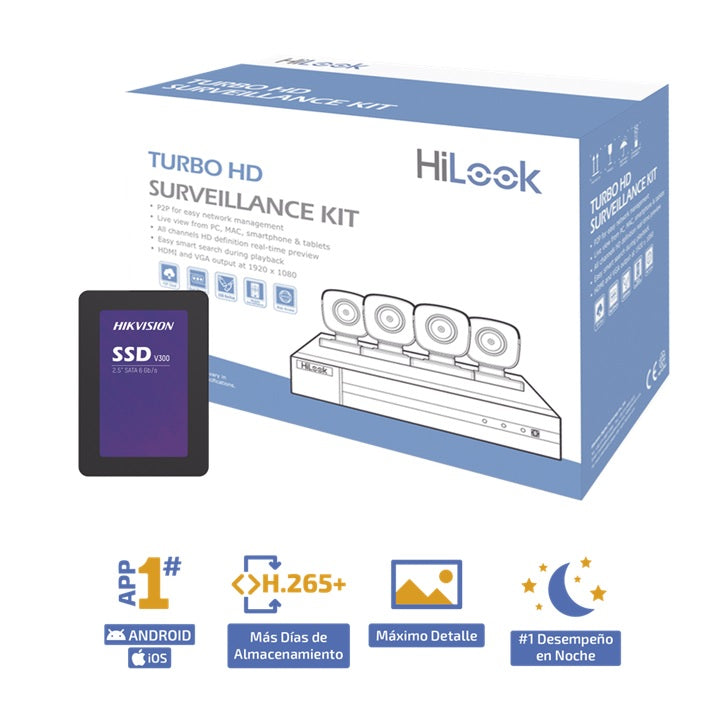 KIT TurboHD 1080p + SSD de 500 GB / DVR 4 canales / 4 Cámaras Bala de Metal