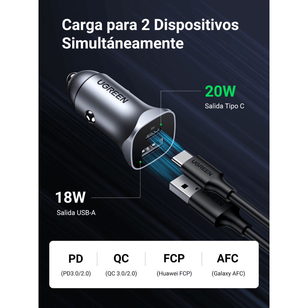 Cargador de Auto 24W | Puerto USB-A y USB-C | Carga Rápida | Compatible con Vehículos de 12 y 24 VCD | PD3.0 + QC3.0 | Indicador Led | Diseño Compacto | Chip Inteligente | Caja de Aluminio