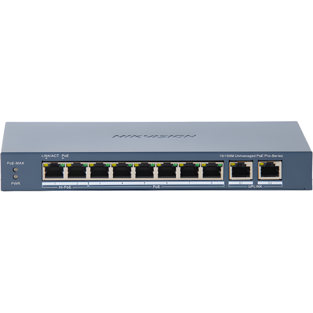 Switch PoE+ / No Administrable / 7 Puertos 10/100 Mbps 802.3 af/at (30 W) / 1 Puerto 10/100 Mbps Hi-PoE (90 W)  / 2 Puertos 1000 Mbps Uplink / Modo Extendido hasta 300 Metros / 110 Watts
