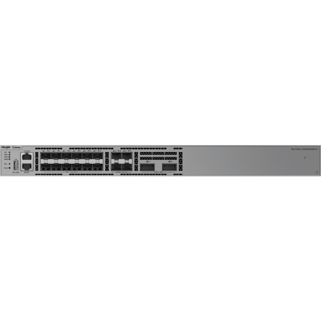 Switch 10G / 12 Puertos SFP+ 1G/2.5G/10G / 4 Puertos SFP28 10G/25G / 2 Puertos QSFP+ 40G / Capacidad 600 Gbps / Reenvío 446.4 Mpps / CPU Quad Core ARMv8 Cortex-A72 / 1 RU / Alimentación AC / Línea Cybrey