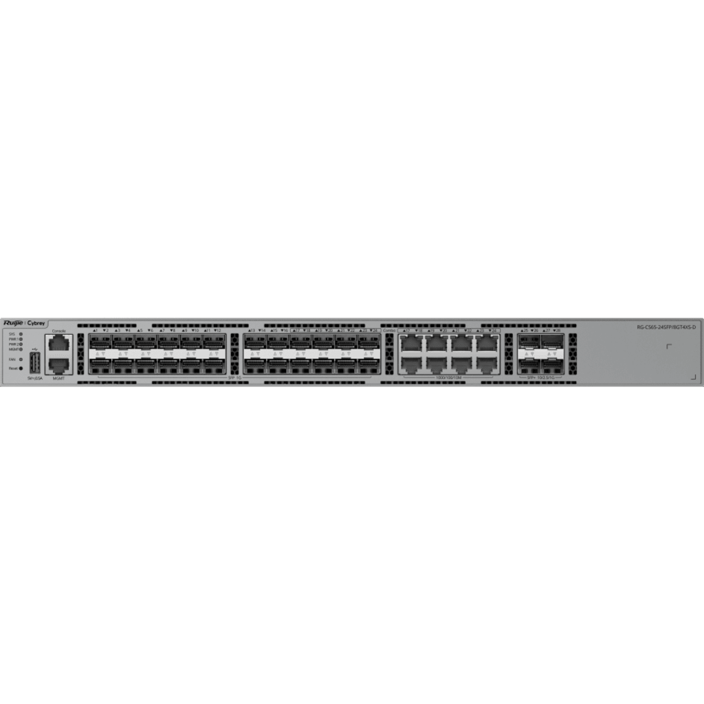 Switch Ethernet 10GE / 24 Puertos 1GE SFP + 4 Puertos 1GE/2.5GE/10GE SFP+ / Capacidad 128 Gbps / Reenvío 95.232 Mpps / CPU Quad Core ARMv8 Cortex-A72 / 1 RU / Alimentación Redundante / VSU / Capa 3 / Línea Cybrey