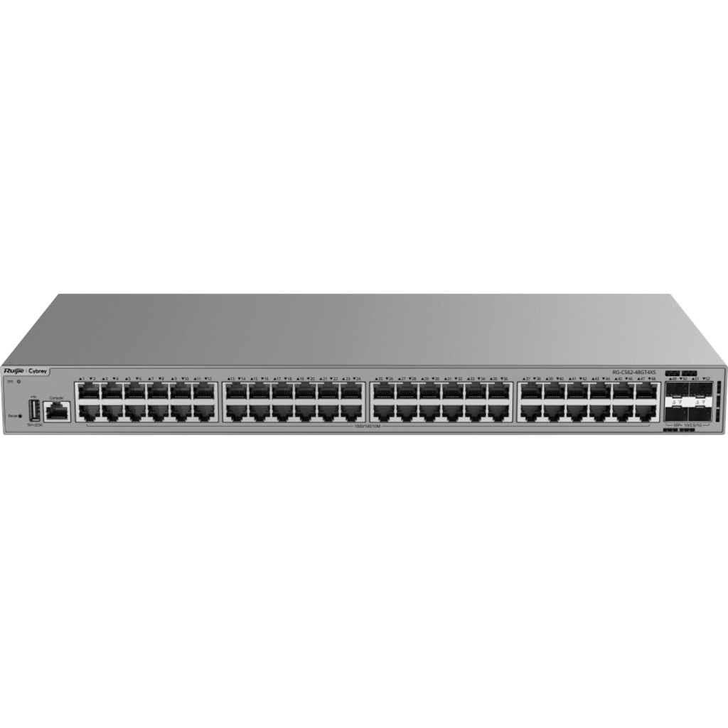 Switch de Acceso Gigabit / 48 Puertos 10/100/1000BASE-T / 4 Puertos SFP+ 1GE/2.5GE/10GE / Capacidad 176 Gbps / Capa 3 / VSU / 1 RU / Alimentación Fija AC / Línea Cybrey