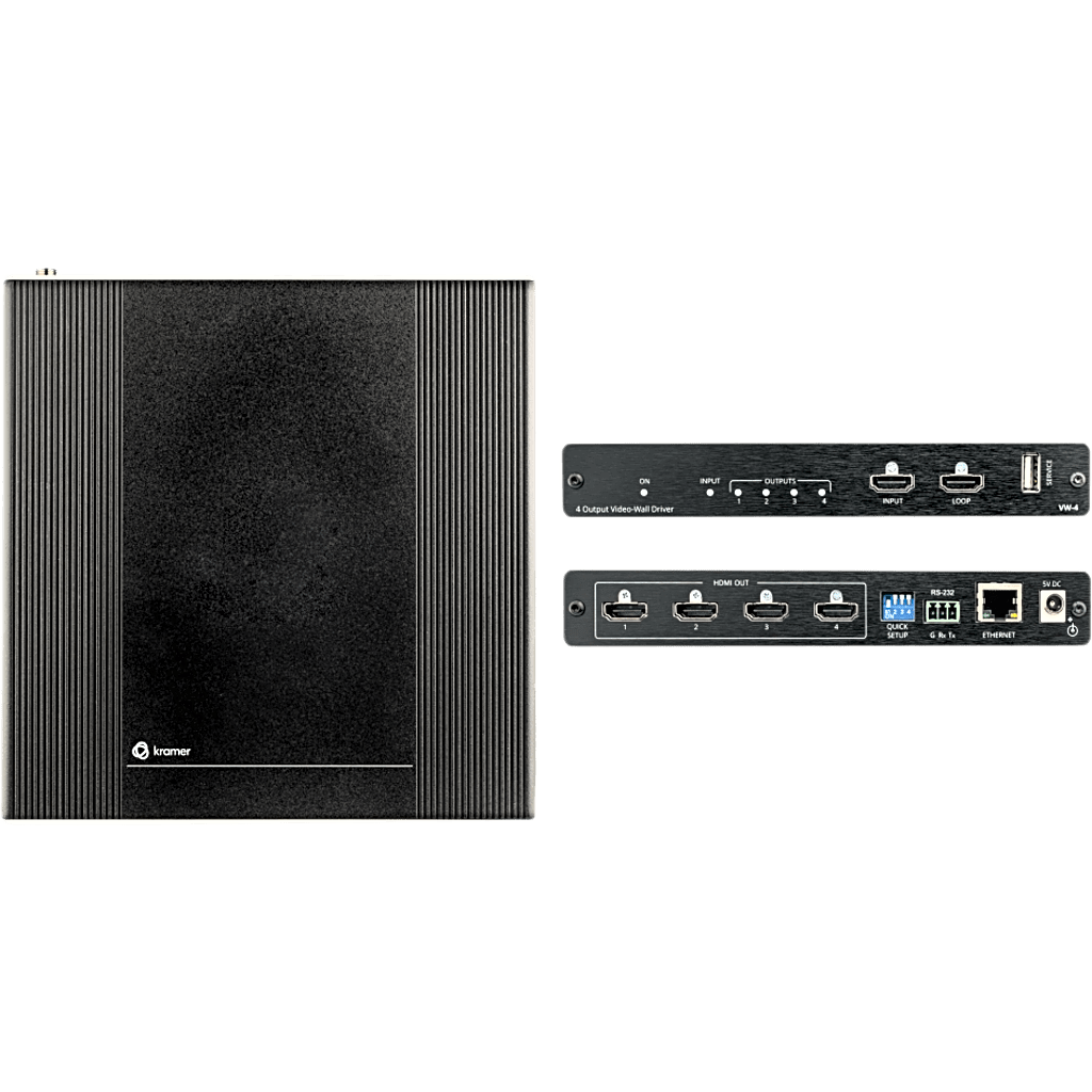 Controlador de Video Wall | 4 Salidas HDMI | 1 Entrada HDMI | 1 Salida HDMI Loop | Resolución Máxima de Entrada 4K@60Hz (4:4:4) | Resolución de Salida 1080p | HDCP 2.2 y 1.4 | Escalable hasta 64 Pantallas | Configuración v&iacu