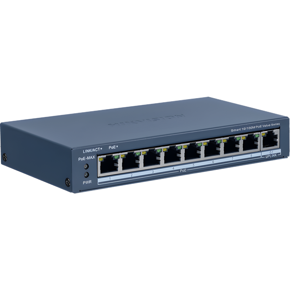 Switch PoE+ / Monitoreable / 8 Puertos 10/100 Mbps PoE+ / 1 Puerto 1000 Mbps Uplink /  Configuración Nube Hik-Partner Pro / Modo Extendido hasta 300 metros / 60 W