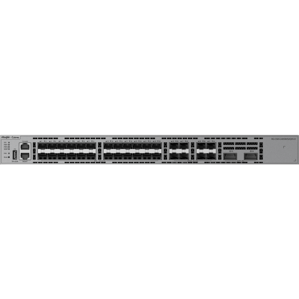 Switch 10G / 24 Puertos SFP+ 1G/2.5G/10G / 8 Puertos SFP28 10G/25G / 2 Puertos QSFP+ 40G / Capacidad 1040 Gbps / Reenvío 773.76 Mpps / CPU Quad Core ARMv8 Cortex-A72 / 4 GB SDRAM / 64 Mbit Buffer / Línea Cybrey