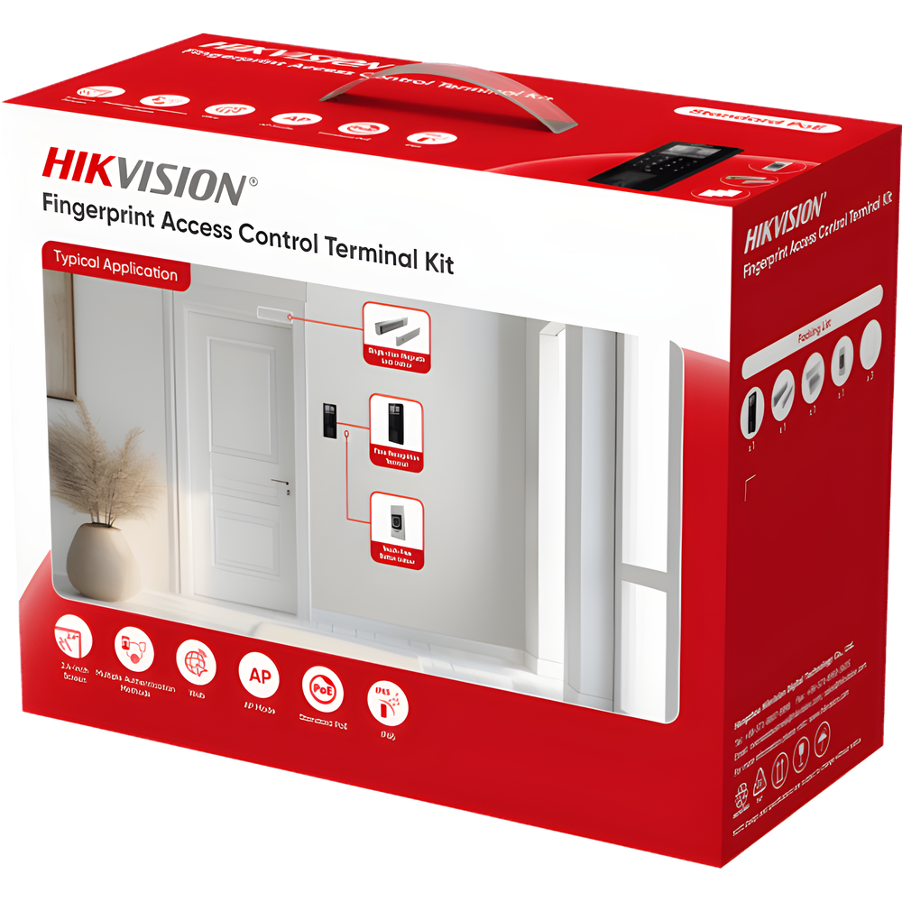 Kit Terminal Control Acceso Biométrico DS-KAS807 / Huella Digital / Códigos QR / 2.4" LCD / 5000 Huellas + 5000 Tarjetas / IP65 / Wi-Fi + PoE / Cerradura Magnética 272 kg / Botón Touchless