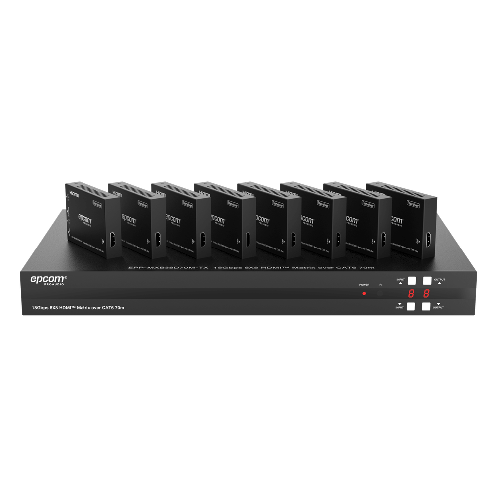 Matriz HDMI 8x8 | 4K@60Hz 4:4:4 | 8 Salidas HDMI + 8 CAT | Extensión hasta 70 m | Audio HD | Control IR/LAN/RS-232/Web GUI