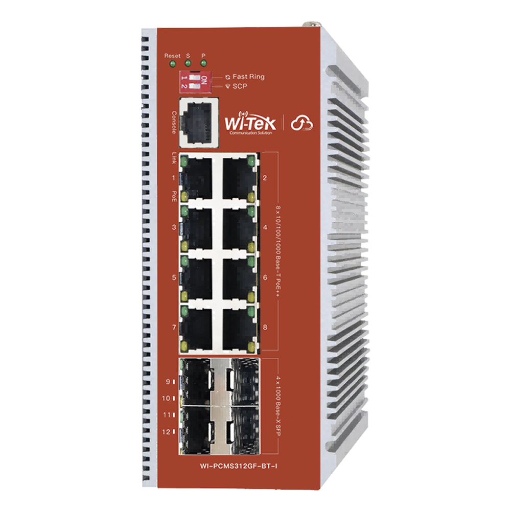 Switch L2+ PoE Industrial / Administración Cloud-Web-CLI / 8 Puertos PoE af/at/bt 100/1000 Mbps / 4 Puertos SFP Gigabit / Presupuesto PoE 460 W / Protocolo ERPS (redundancia enlaces)