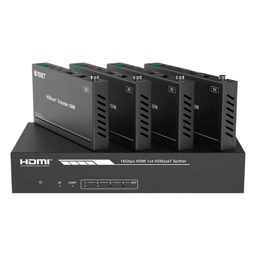 Splitter mas Extensor de Video | 1x4 | ProAV | HDBaseT™ | 120m en 4K@60Hz | 150m en 1080p@60Hz | Cat6/6a/7 | Gestión Avanzada EDID | Control IR y RS232 | PoC | Salida de Audio