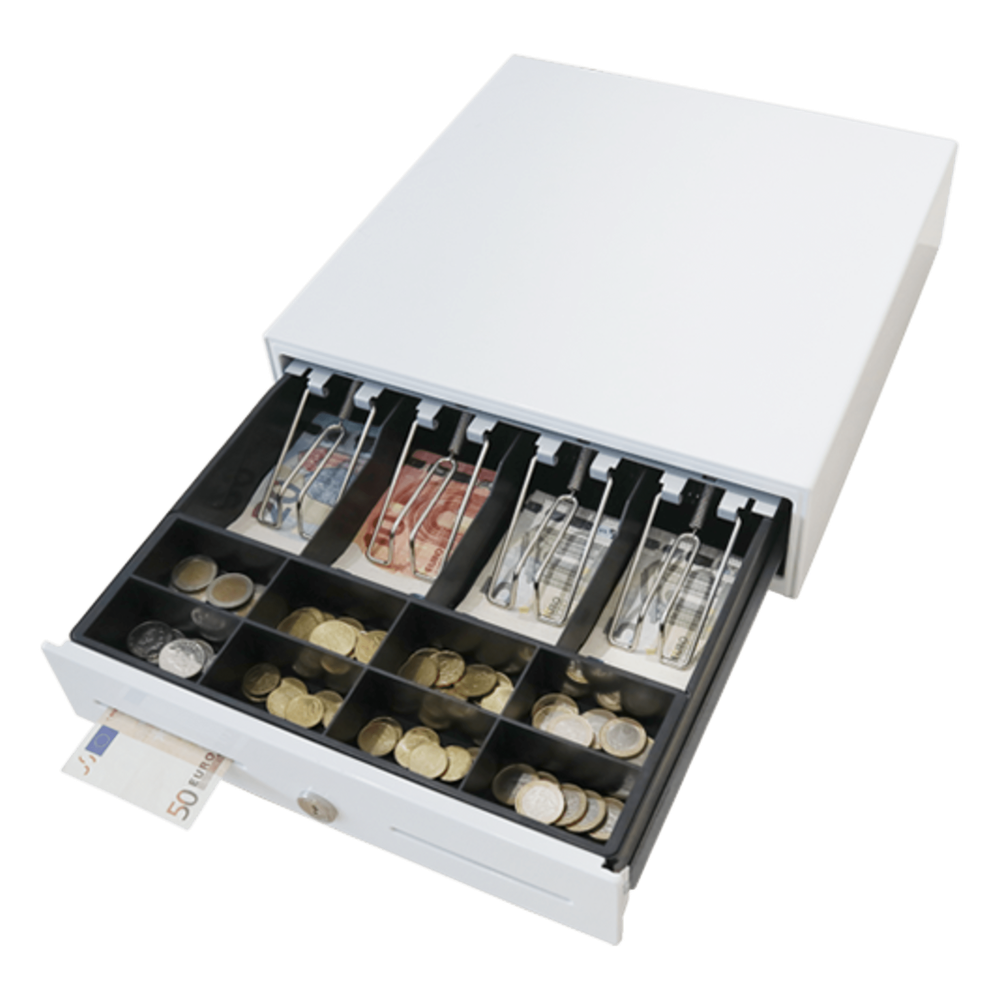 Cajón para Efectivo / Serie MK / Compacto 330 mm / 4 Billetes + 8 Monedas / Apertura RJ12 / Clips Metálicos / Punto de Venta