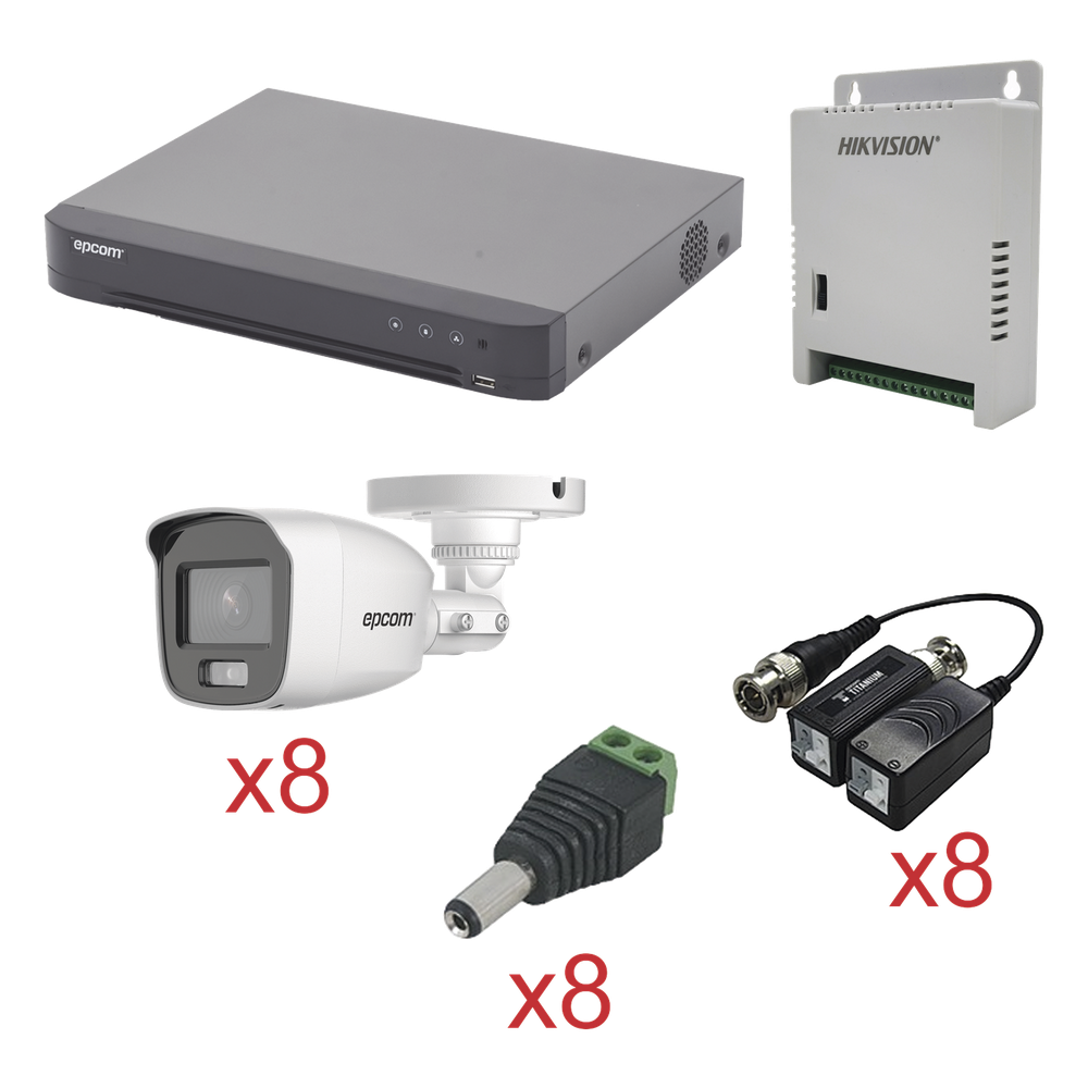KIT TurboHD con Audio 1080p / DVR 8 Canales / 8 Cámaras Bala (exterior 2.8 mm) / Transceptores / Conectores / Fuente de Poder / AUDIO POR COAXITRON