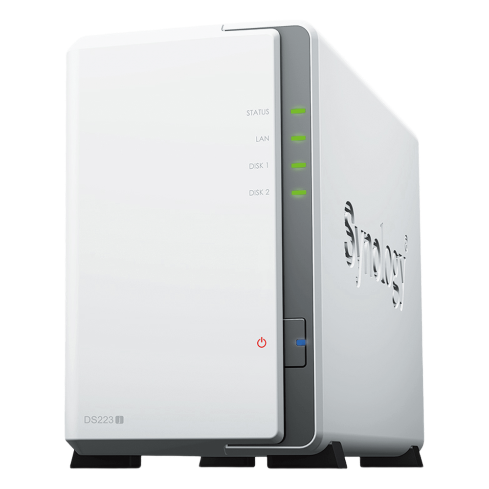 NAS DiskStation DS223j | 2 Bahías | CPU Realtek RTD1619B 1.7 GHz | 1 GB DDR4 | Puerto 1GbE RJ-45 | USB 3.2 Gen 1 | Compatible con HDD y SSD | Synology DSM | RAID 0, 1, JBOD | SMB, AFP, NFS, FTP | Vigilancia IP